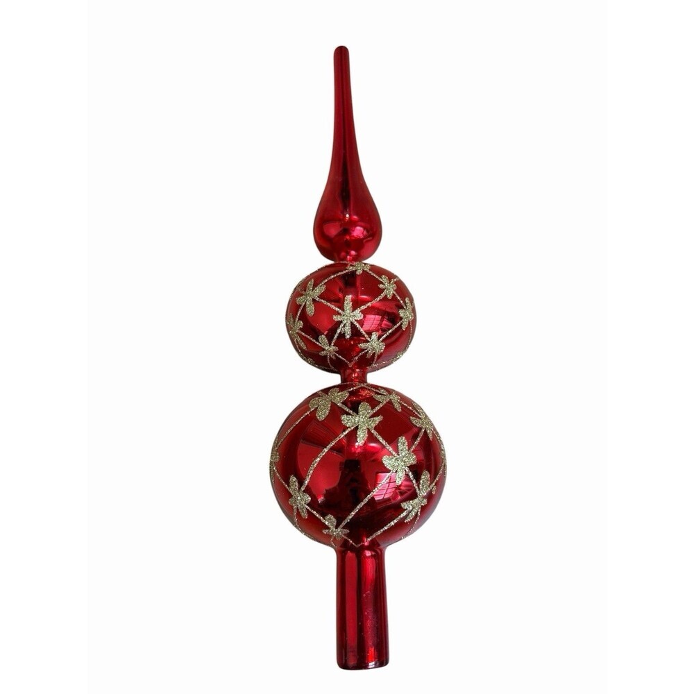 Vintage Yule Rite Glass Christmas Tree Finial Ornament Topper Red & Gold Glitter